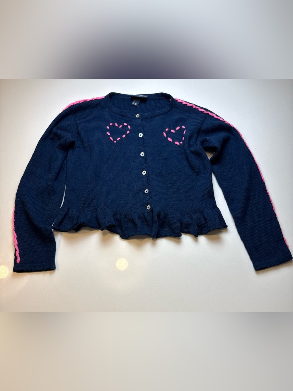 Oscar de la Renta Navy Cardigan with Pink Heart Stitching Ruffle Hem Size 12y